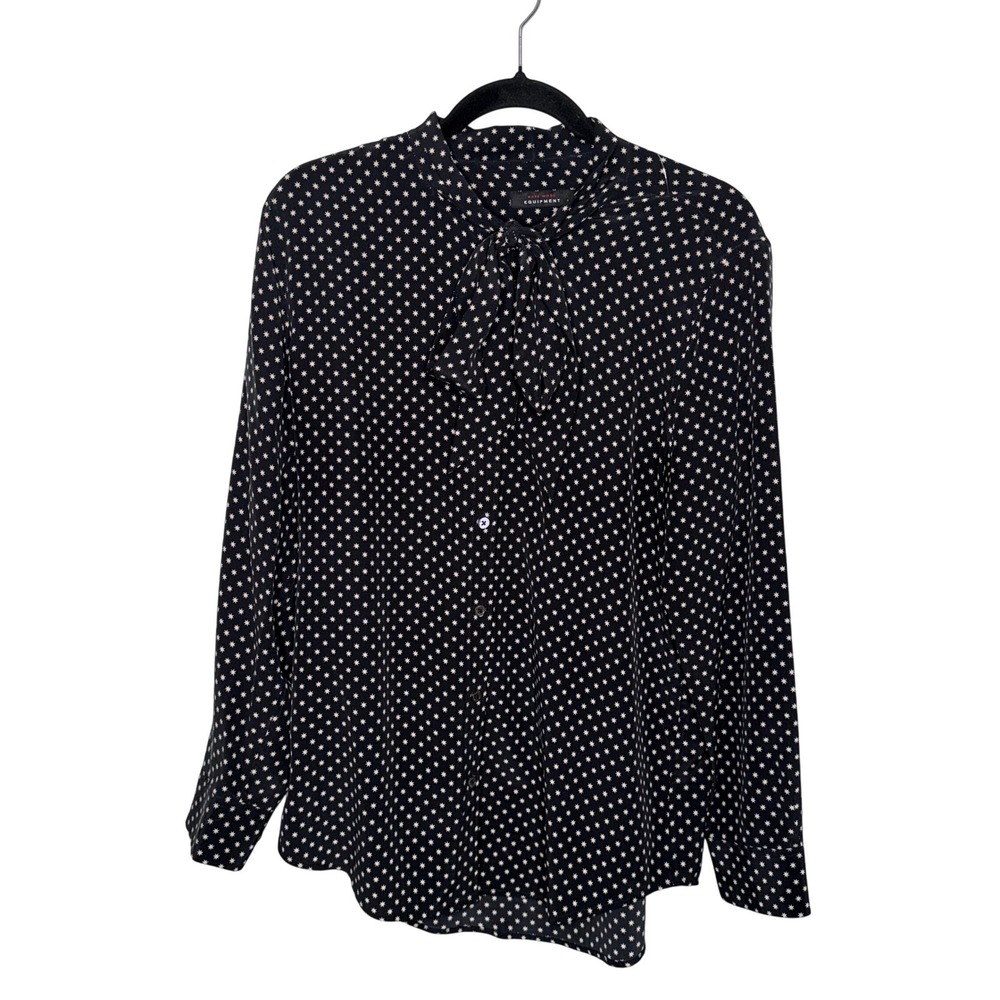 Kate Moss Equipment Silk Star Blouse Womens L Black Excellent Bow Button Down